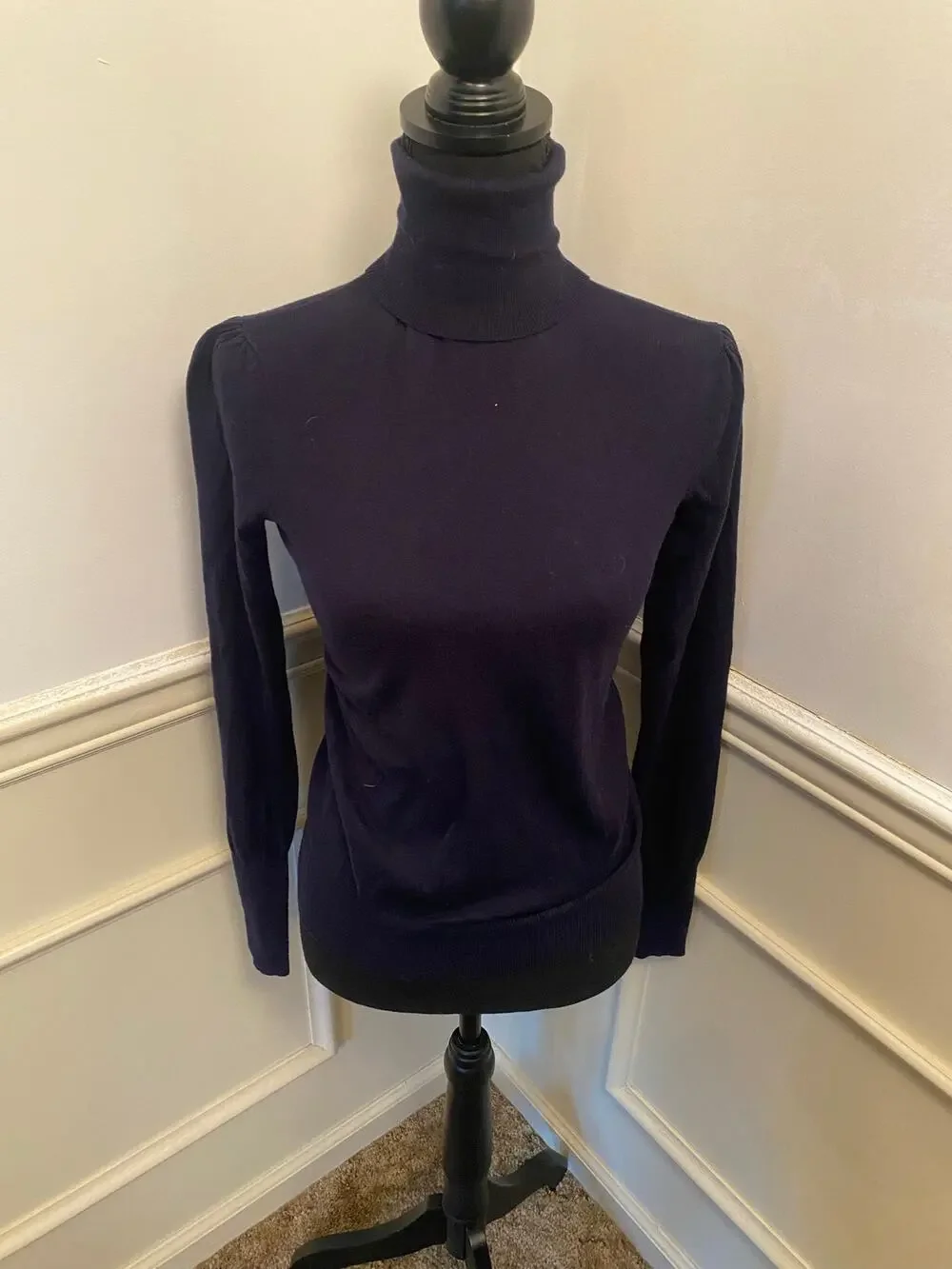Vintage Ralph Lauren Navy Blue Merino Wool Blend Turtleneck Sweater Ribbed Cuffs